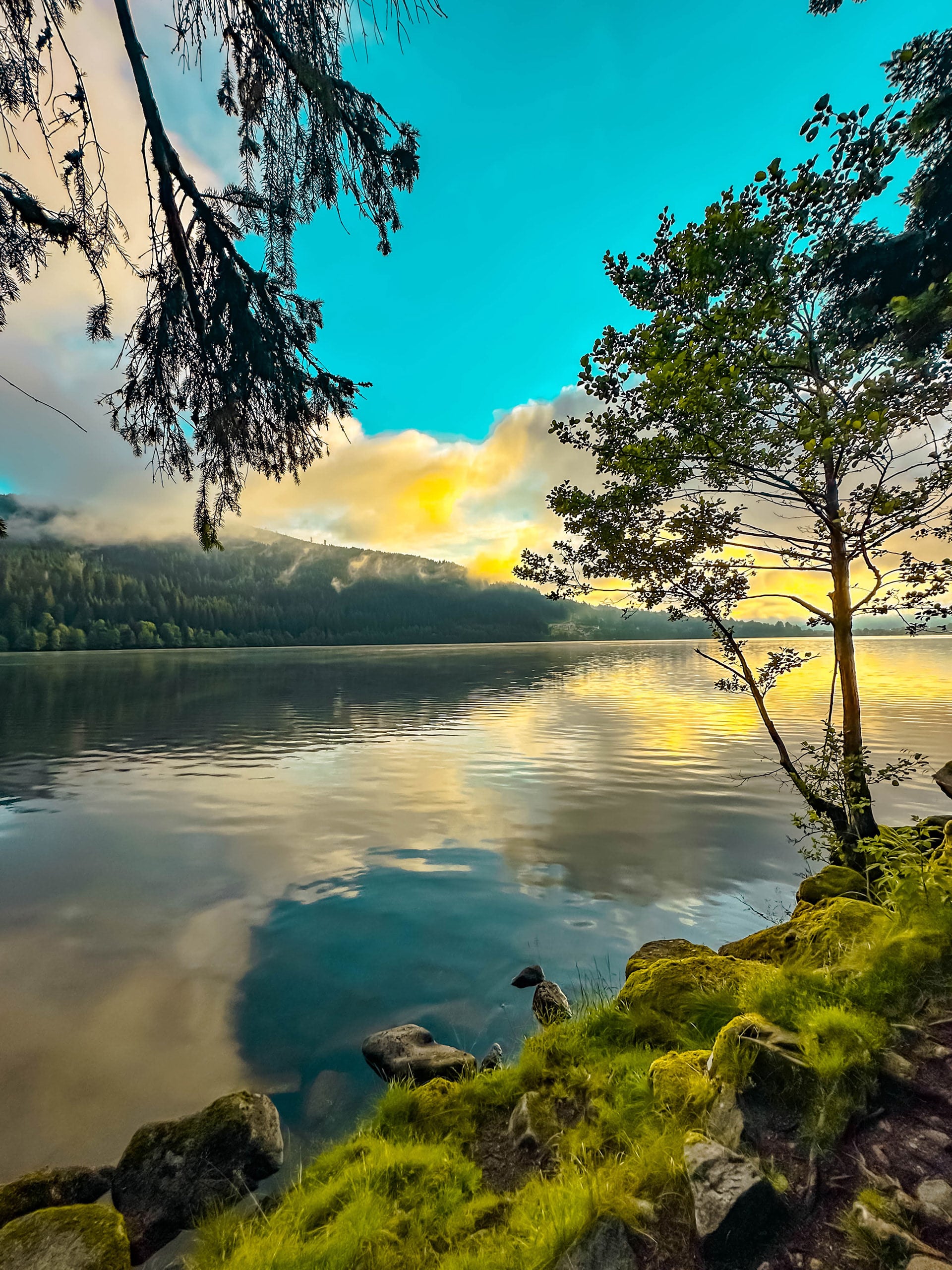 Randonnée autour du lac de Gerardmer dans les Hautes Vosges : le rivage du lac de Gérardmer au lever du soleil